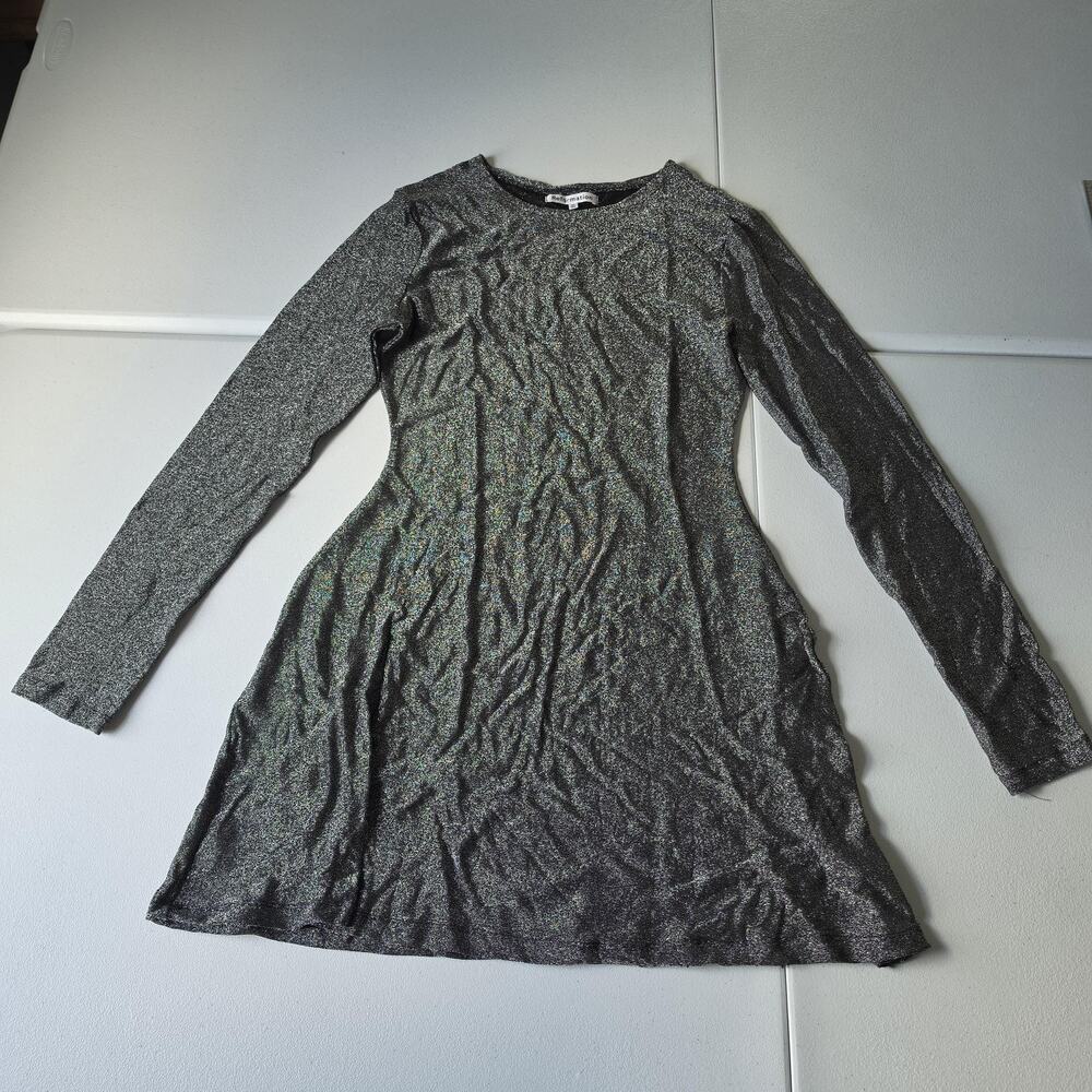 Reformation Dress Womens M Silver Metallic Glitter Long Sleeve A Line Mini Party